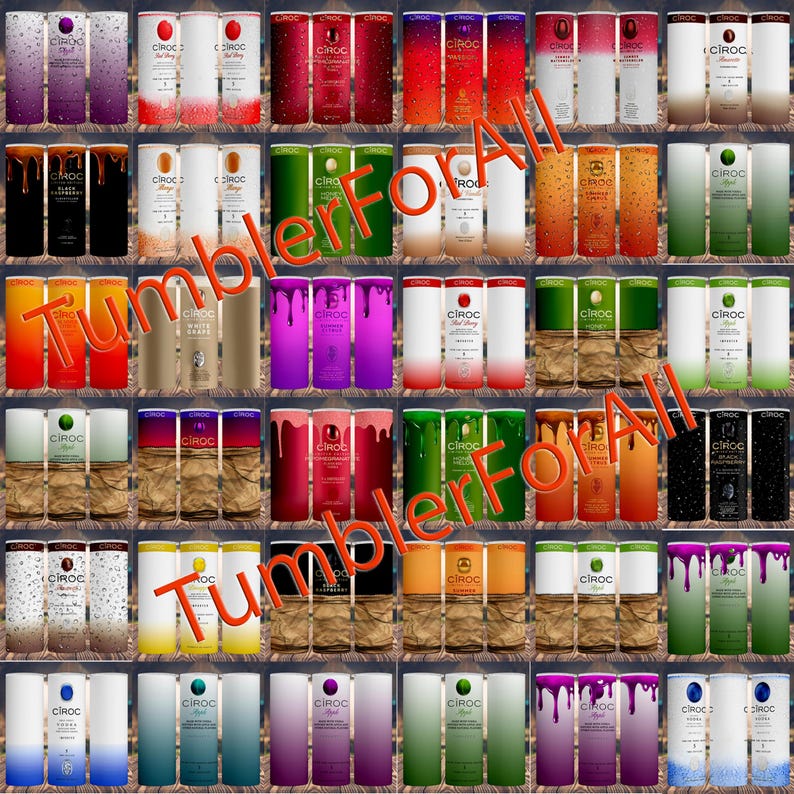 Puede incluir: Una colecci&oacute;n de vasos con varios dise&ntilde;os y colores, con el logotipo "CIROC". Los vasos tienen diferentes combinaciones de colores, incluyendo degradados, colores s&oacute;lidos y patrones. El texto "TumblerForAll" est&aacute; superpuesto en la imagen.