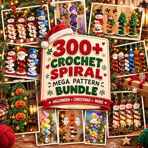 May include: A digital advertisement for a 300+ crochet spiral mega pattern bundle featuring text and various images of crocheted spiral ornaments including snowmen, pumpkins, Christmas trees, and holiday characters with festive accents.