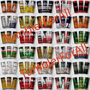 Puede incluir: Una colecci&oacute;n de vasos cil&iacute;ndricos con varios logotipos y dise&ntilde;os de marcas. Los vasos presentan una gama de colores, incluyendo rojo, amarillo, azul y verde. El texto "Tumbler For All" est&aacute; superpuesto en la imagen.