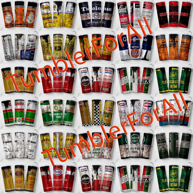 Puede incluir: Una colecci&oacute;n de vasos cil&iacute;ndricos con varios logotipos y dise&ntilde;os de marcas. Los vasos presentan una gama de colores, incluyendo rojo, amarillo, azul y verde. El texto "Tumbler For All" est&aacute; superpuesto en la imagen.