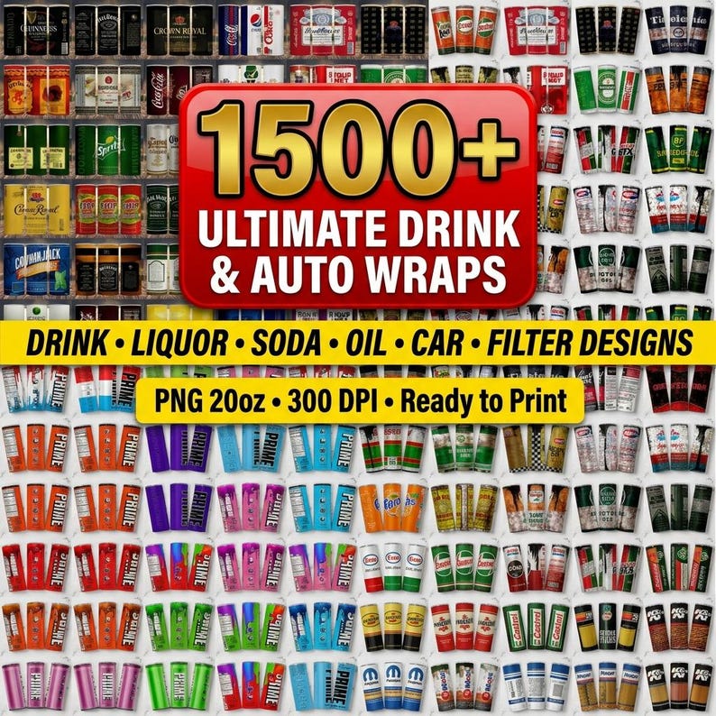 Puede incluir: Una colecci&oacute;n de envoltorios para bebidas y autom&oacute;viles con el texto "1500+ ULTIMATE DRINK & AUTO WRAPS". La imagen incluye varios dise&ntilde;os para bebidas, licores, refrescos, aceite, autom&oacute;viles y dise&ntilde;os de filtros. La imagen tambi&eacute;n incluye el texto "PNG 20oz. 300 DPI - Ready to Print".