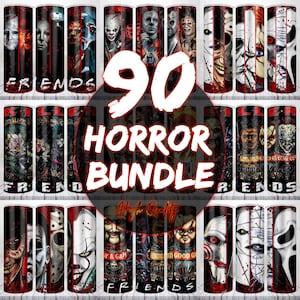 Bundle Png gobelet skinny 20 oz horreur 90 modèles, film Halloween gobelet Wrap Png sublimation, gobelet de film d&#39;horreur, téléchargement numérique