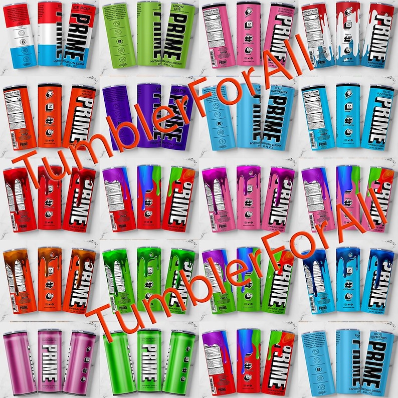Puede incluir: Una colecci&oacute;n de vasos para bebidas de hidrataci&oacute;n PRIME en varios colores, incluyendo rojo, azul, verde y morado. Los vasos tienen el logotipo y el texto PRIME, con las palabras "Tumbler For All" en naranja. Las bebidas est&aacute;n en latas cil&iacute;ndricas.