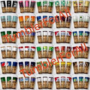 Puede incluir: Una colecci&oacute;n de vasos aislados con varios logotipos y dise&ntilde;os de marcas. Los vasos est&aacute;n envueltos en un material marr&oacute;n texturizado. Las palabras "Tumbler For All" est&aacute;n escritas en naranja en la imagen.