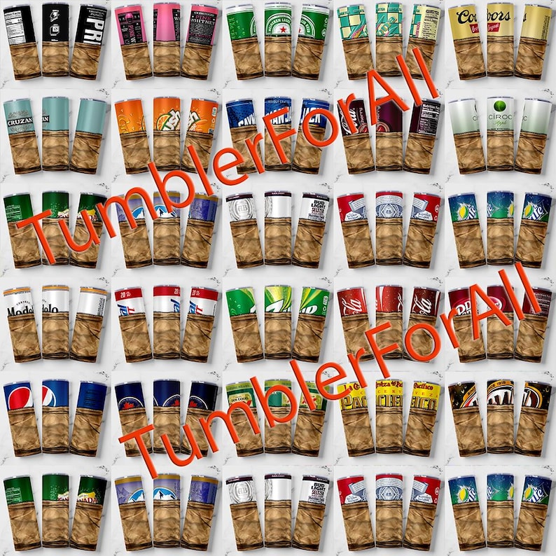 Puede incluir: Una colecci&oacute;n de vasos aislados con varios logotipos y dise&ntilde;os de marcas. Los vasos est&aacute;n envueltos en un material marr&oacute;n texturizado. Las palabras "Tumbler For All" est&aacute;n escritas en naranja en la imagen.