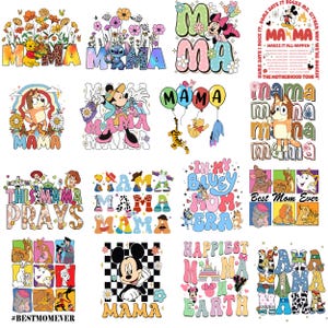 Könnte beinhalten: Eine Sammlung farbenfroher Grafikdesigns mit dem Wort "MAMA" in verschiedenen Stilen. Designs beinhalten Blumenarrangements, Zeichentrickfiguren wie Winnie Puuh und Mickey Mouse sowie Sätze wie "Best Mom Ever".