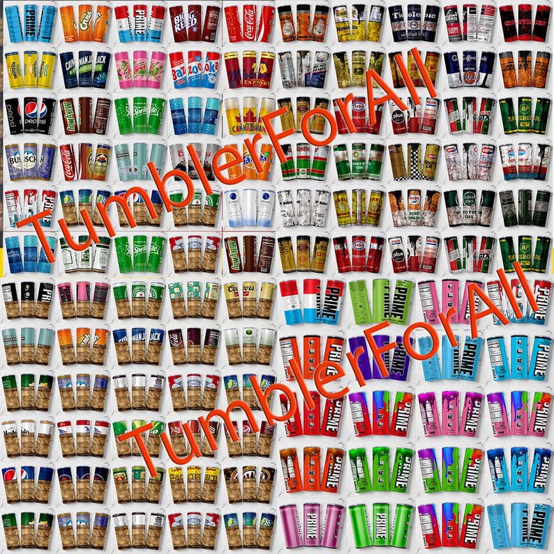Puede incluir: Una cuadr&iacute;cula de varias latas y botellas de bebidas, incluyendo Coca-Cola, Sprite y Prime. El texto "Tumbler For All" est&aacute; superpuesto en naranja. Las latas y botellas est&aacute;n dispuestas en filas y columnas.