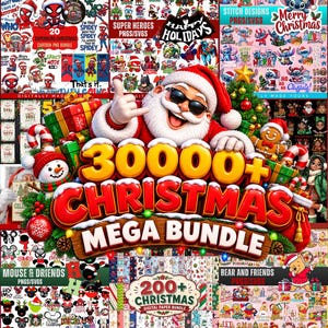 May include: A digital graphic advertisement for a 30000+ Christmas Mega Bundle featuring a central illustration of Santa Claus wearing sunglasses and making a hand gesture, surrounded by various cartoon character designs, holiday patterns, and text.
