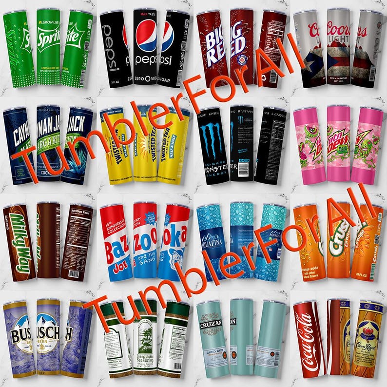 Puede incluir: Una colecci&oacute;n de vasos para bebidas, incluyendo marcas como Sprite, Pepsi y Monster Energy. Los vasos presentan dise&ntilde;os y logotipos coloridos, con textos como "Twisted Tea" y "Coca-Cola".