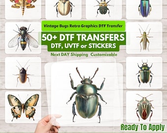 Vintage-Bugs-Retro-Graphics DTF Transfers - Ready to Press Iron On Nature Insect Designs Apparel Shirts Summer Group Outfits