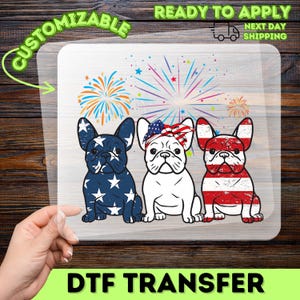 May include: DTF transfer featuring three French bulldogs with patriotic designs. One dog is navy blue with white stars, another is white with an American flag bandana, and the third is red and white striped. Fireworks are in the background.