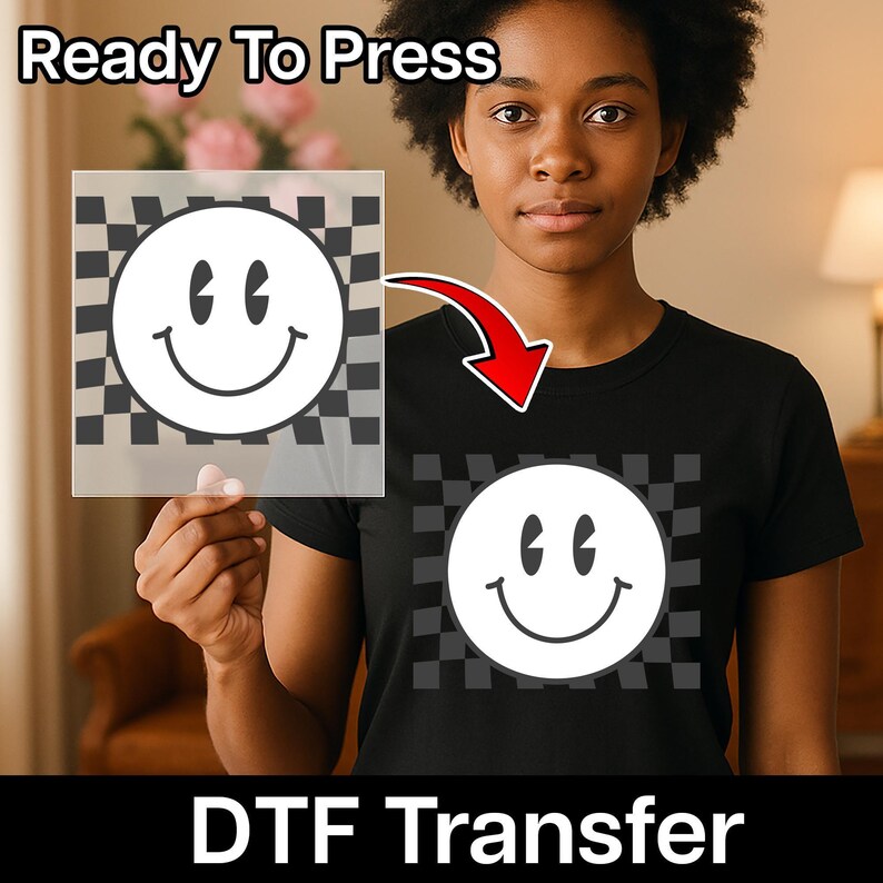 Retro Smiley Face Checkered DTF Transfer for Cute Festival Youth ...