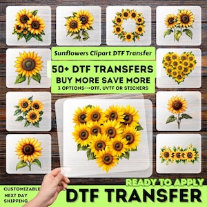 Könnte beinhalten: Eine Sammlung von DTF-Transfers mit Sonnenblumen. Das Bild zeigt verschiedene Sonnenblumen-Designs, darunter Sträuße, Kränze und Herzformen. Der Text auf dem Bild lautet "Sunflowers Clipart DTF Transfer" und "50+ DTF Transfers".