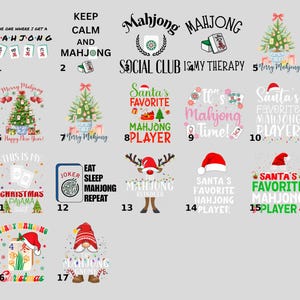 May include: A selection of graphic designs with Mahjong themes. Designs include Christmas trees, Santa hats, and phrases such as "Santa's Favorite Mahjong Player" and "Merry Mahjong".
