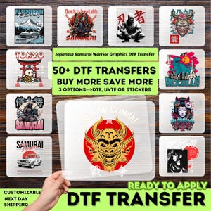 May include: A collection of DTF (Direct to Film) transfers featuring Japanese samurai warrior graphics. The designs include illustrations of samurai, Japanese text, and other cultural elements. The transfers are ready to apply and customizable.
