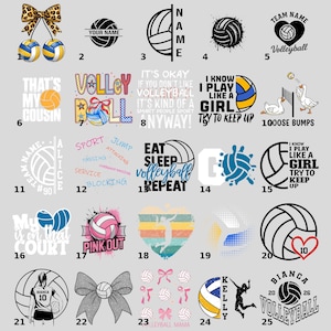 Może przedstawiać: Kolekcja wzorów z motywem siatkówki. Zawiera piłki do siatkówki, kokardy i tekst, taki jak "Your Name", "Pink Out" i "Eat Sleep Volleyball Repeat". Projekty charakteryzują się różnymi kolorami i stylami.