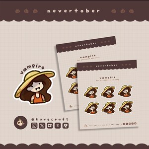 May include: A collection of "Nevertober" vampire-themed stickers. The stickers feature a cartoon vampire girl wearing a yellow hat and orange top. The stickers are on a brown background with the text "nevertober" and "vampire".