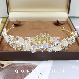 Perle Kristall Blatt Braut Tiara, handgefertigte Rebe Krone mit Strass Akzenten, Hochzeit Tag goldenen Haarband, Brautjungfer goldenes Haarteil