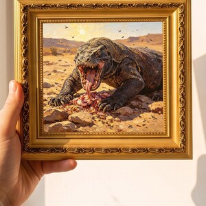 Puede incluir: Un cuadro cuadrado en un marco dorado ornamentado que representa un dragón de Komodo con la boca abierta, la lengua extendida y las garras clavadas en una carroña sobre un paisaje rocoso y seco bajo un sol brillante, con insectos volando.