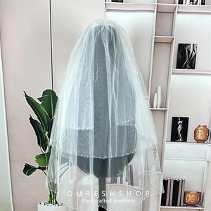 Two-Layer Bridal Veil with Crystal Beading ,Short Wedding Veil with Lace ,Crystal Embellished Headpiece for Bride, Chapel Length veil