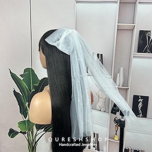 Hand-Beaded Bow Bridal Veil White Soft Tulle Hair Clip with Crystal Pearls,Duckbill Clip Headpiece, Sweet Wedding Hair Accessories for Bride