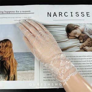 Lace Wedding Gloves - Short Bridal Gloves with Sheer Mesh, Vintage Photography Accessories for Bride, Delicate Hand Cover for Formal Events