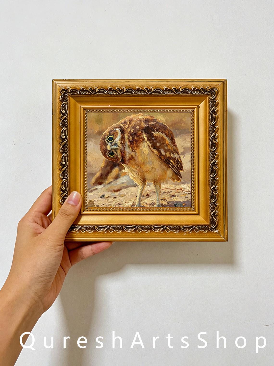 Cute Burrowing Owl Sandy Ground Wildlife Wood Framed Oil Painting, Earthy Rustic Bird Wall Decor 4x4