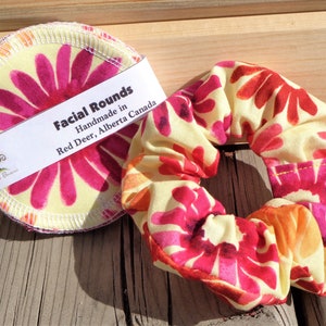 Reusable Facial Round and Scrunchie - Yellow and Pink Floral