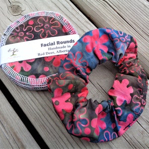 Reusable Makeup Remover Pads & Scrunchie Set: Floral Batik Cotton Facial Rounds