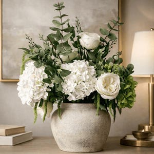 Faux Hydrangea Centerpiece in Vase – White Peony Floral Arrangement for Dining Table Decor, Elegant Home Accent
