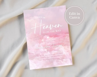 Editable heaven invite, Canva template, digital download, clouds invitation, pink clouds baby shower invite, a little piece of Heaven