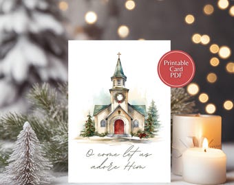 Christian Christmas card, let us adore him card, Christian card printable, digital download, instant download, religious card