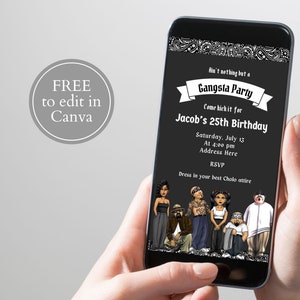 Könnte beinhalten: Eine digitale Einladung in Schwarzweiß für eine Gangsta-Party. Die Einladung zeigt einen Bandana-Muster-Rand, den Text "Ain't nothing but a Gangsta Party" und den Text "Come kick it for Jacob's 25th Birthday". Die Einladung enthält auch das Datum, die Uhrzeit und den Ort der Party sowie eine Bitte um RSVP. Die Einladung zeigt eine Gruppe von Comicfiguren in Cholo-Kleidung.