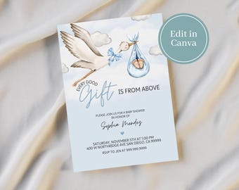 Editable Christian stork theme invite, Every gift is from above invite, blue baby shower invitation, digital download, Canva template