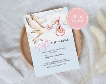 Editable Christian invite, Every gift is from above invite, pink baby shower invitation, digital download, James 1:17 invite, Canva template