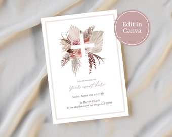 Editable Christian boho invite, fall boho invite, digital download, Canva template, Christian invitation, religious invite template