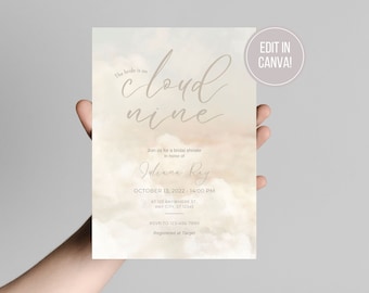 Editable cloud nine invite, Canva template, digital download, neutral clouds invitation, clouds invite, beige cloud theme invitation