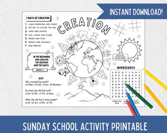 Activiteitenblad zondagsschool, instant download, pdf-download, Genesis-kinderactiviteit, Bijbel afdrukbaar voor kinderen, scheppingsactiviteit