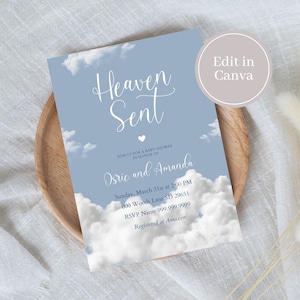 May include: A baby shower invitation with a blue sky and white clouds background. The text reads "Heaven Sent" with a small heart and "Join us for a baby shower in honor of Osric and Amanda". The invitation includes the date, time, address, RSVP information, and registry information.