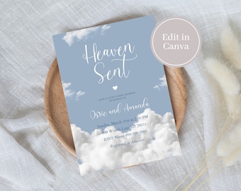 Editable heaven sent invite, Canva template, digital download, neutral clouds invitation, clouds invite, beige cloud theme invitation