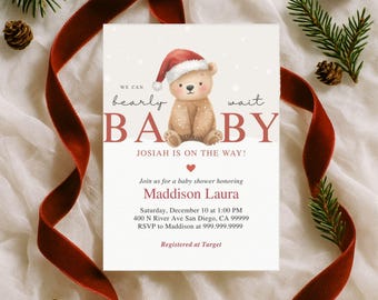 Editable Christmas Bear baby shower invitation, Canva template, we can bearly wait Christmas theme, December shower invite, winter invite