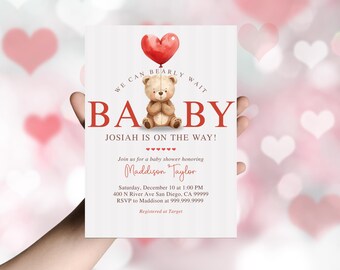 Editable Valentine's Bear baby shower invitation, Canva template, we can bearly wait theme, February shower, Valentine's Day theme