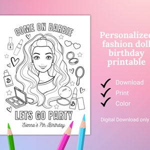 Gepersonaliseerde pop kleurplaat, activiteitenblad verjaardag, afdrukbare verjaardag, print modepop voor meisjesverjaardag, digitale download
