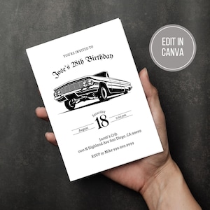 May include: Black and white birthday party invitation with a vintage car illustration. The invitation includes the text "You're invited to Jose's 28th Birthday", "August 18, Saturday 5:00 pm", "Jacob's Crib", "ooo N Highland Ave San Diego, CA 99999", "RSVP to Mike 999.999.9999".