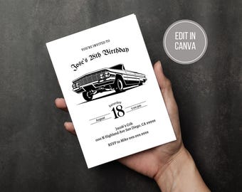 Editable lowrider invite, digital download, classic car invite, invitation for men, Canva template