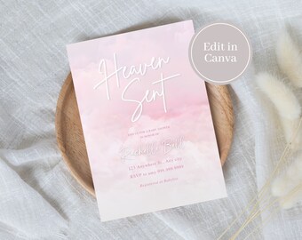 Editable heaven invite, Canva template, digital download, clouds invitation, pink clouds baby shower invite, a little piece of Heaven