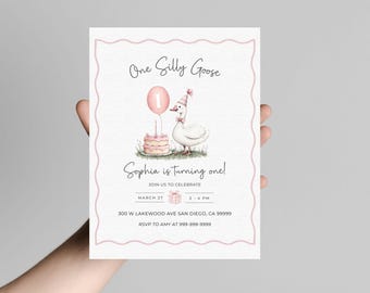One Silly Goose birthday, editable Canva Template, 1st birthday invitation, goose birthday theme, digital download, sweet birthday theme