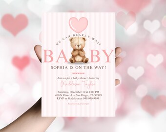 Editable Valentine's Bear shower invite, Canva template, bears and hearts theme, February shower, Valentine's Day theme, we can bearly wait