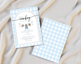 Editable blue western baby shower invite, Canva template, baby shower rodeo theme, Cowgirl invite, my 1st rodeo invite, digital download,