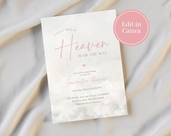 Editable heaven invite, Canva template, digital download, clouds invitation, pink clouds baby shower invite, a little piece of Heaven